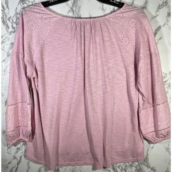 Style & Co Womens Pink Eyelet Embroidered Peasant Blouse 3/4 Sleeve Size 0X - Picture 2 of 8